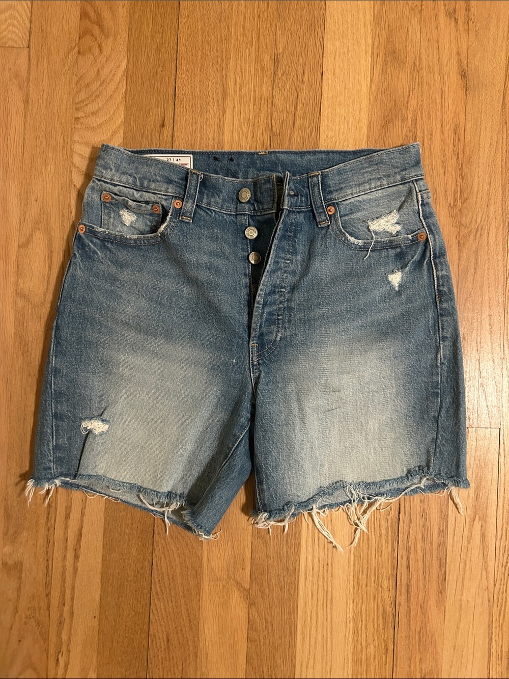 Distressed Gap Cheeky Midi Short High-Rise Jean Shorts — Light Wash